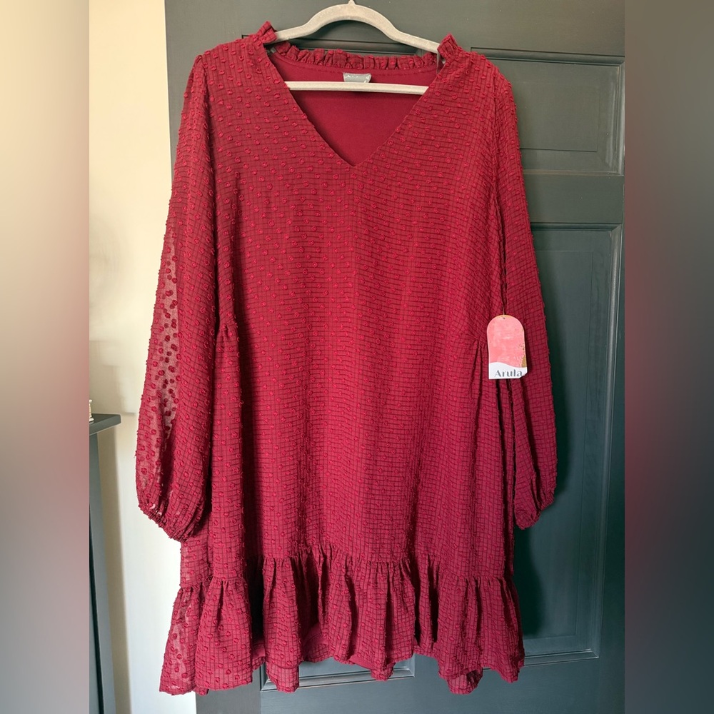 ARULA Burgundy Long Sleeve Textured Ruffle Hem Dress